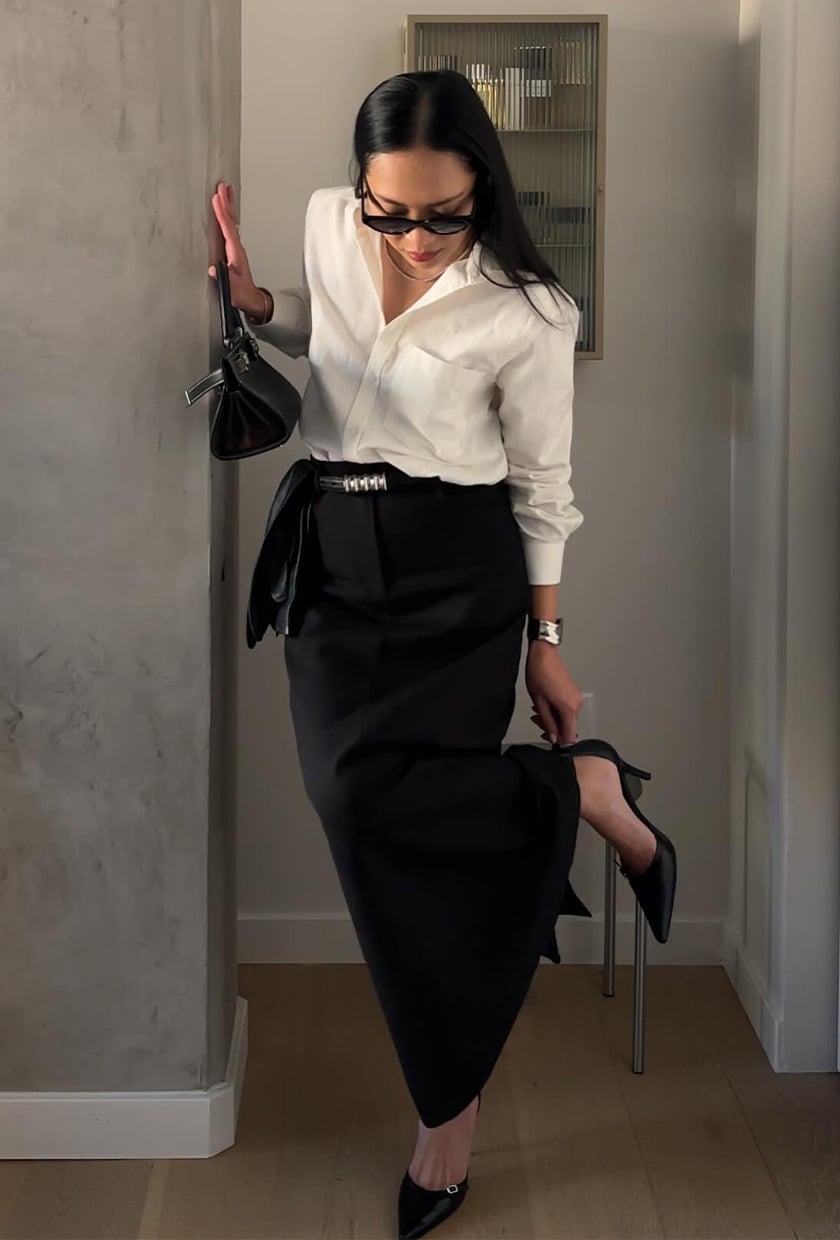 Wide-Leg Black Maxi Skirt With White Button-Down Shirt Wide-Leg Black Maxi Skirt With White Button-Down Shirt — Classy Black Skirt Outfit