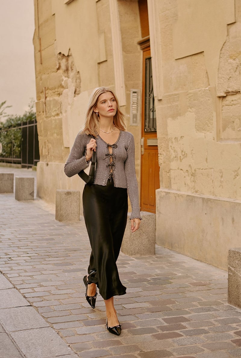 Black Silk Midi Skirt With Sparkly Cardigan Black Silk Midi Skirt With Sparkly Cardigan — Classy Black Skirt Outfit