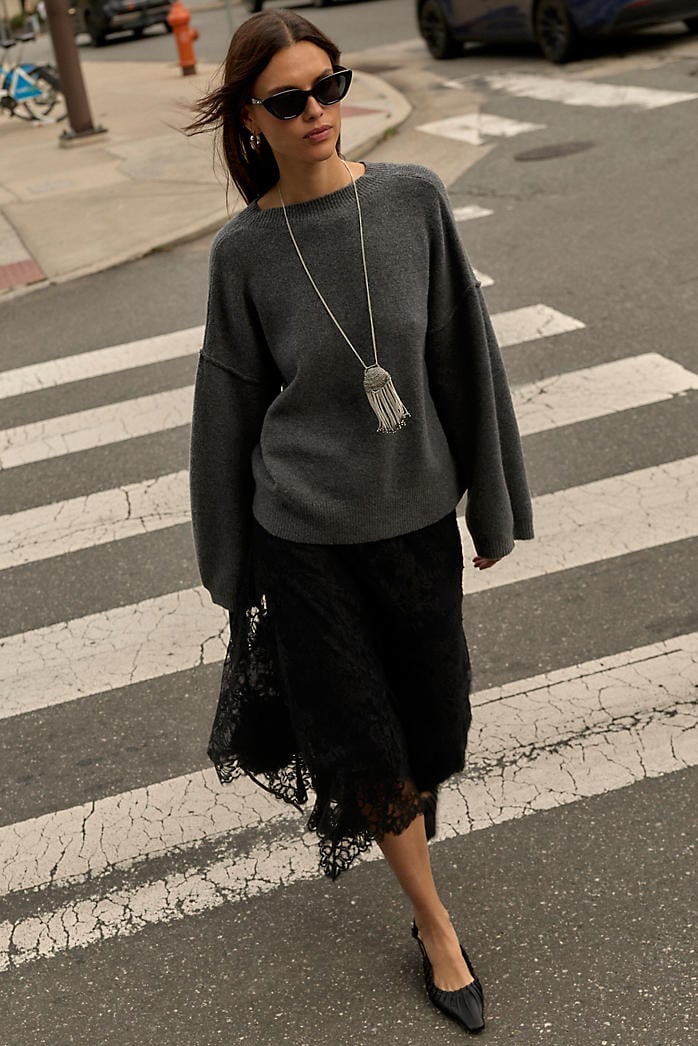 Black Lace Midi Skirt With Oversized Grey Sweater Black Lace Midi Skirt With Oversized Grey Sweater — Classy Black Skirt Outfit