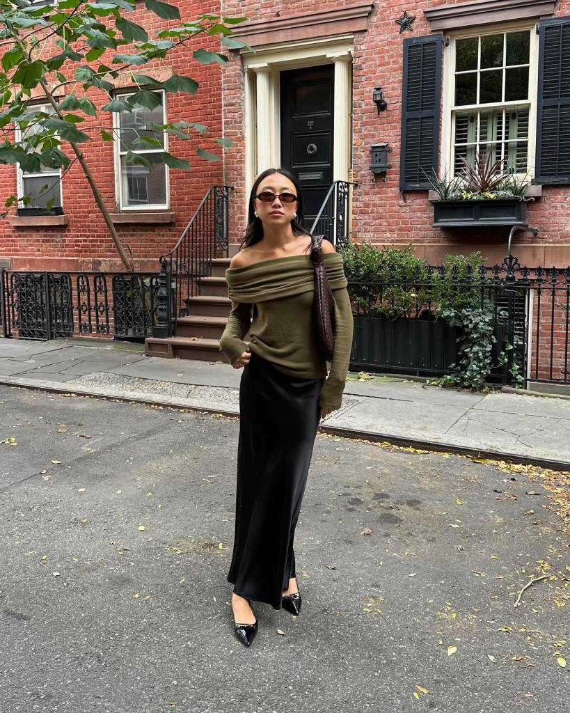 Long Black Satin Skirt With Off-the-Shoulder Sweater Long Black Satin Skirt With Off-the-Shoulder Sweater — Classy Black Skirt Outfit