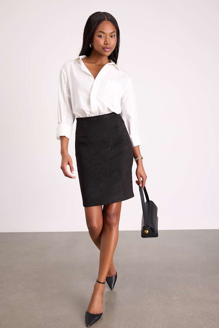 Black Suede Pencil Skirt With White Button-Down Shirt Black Suede Pencil Skirt With White Button-Down Shirt — Classy Black Skirt Outfit