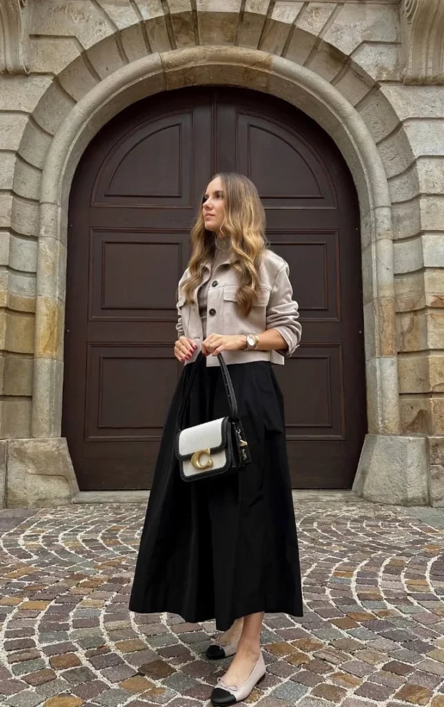 Black Full A-Line Skirt With Cropped Jacket Black Full A-Line Skirt With Cropped Jacket — Classy Black Skirt Outfit