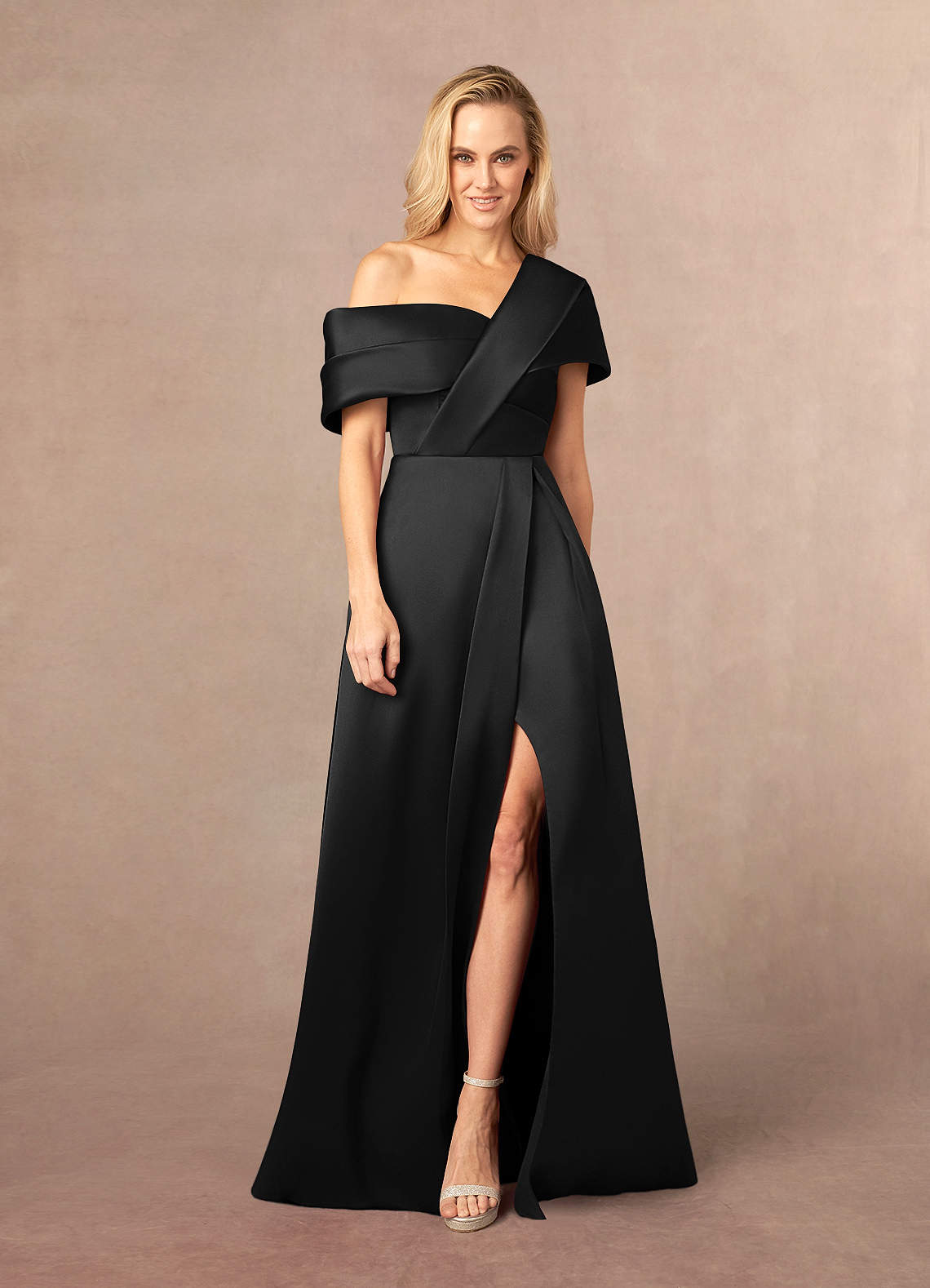 Mikado Off-The-Shoulder Dress with Folded Neckline and High Slit — Classy Black Tie Dresses