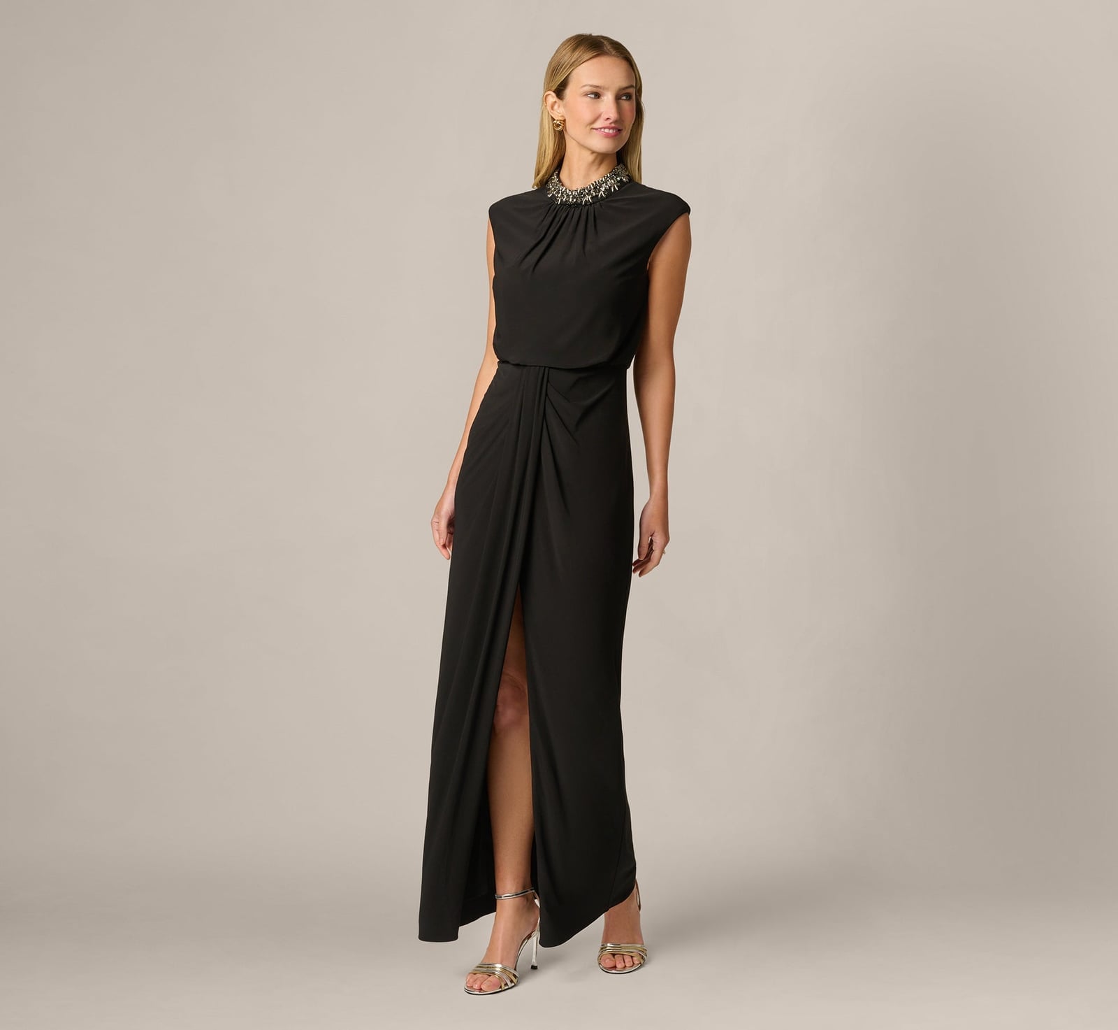 Crepe Maxi Dress with Embellished Neckline and High Slit — Classy Black Tie Dresses