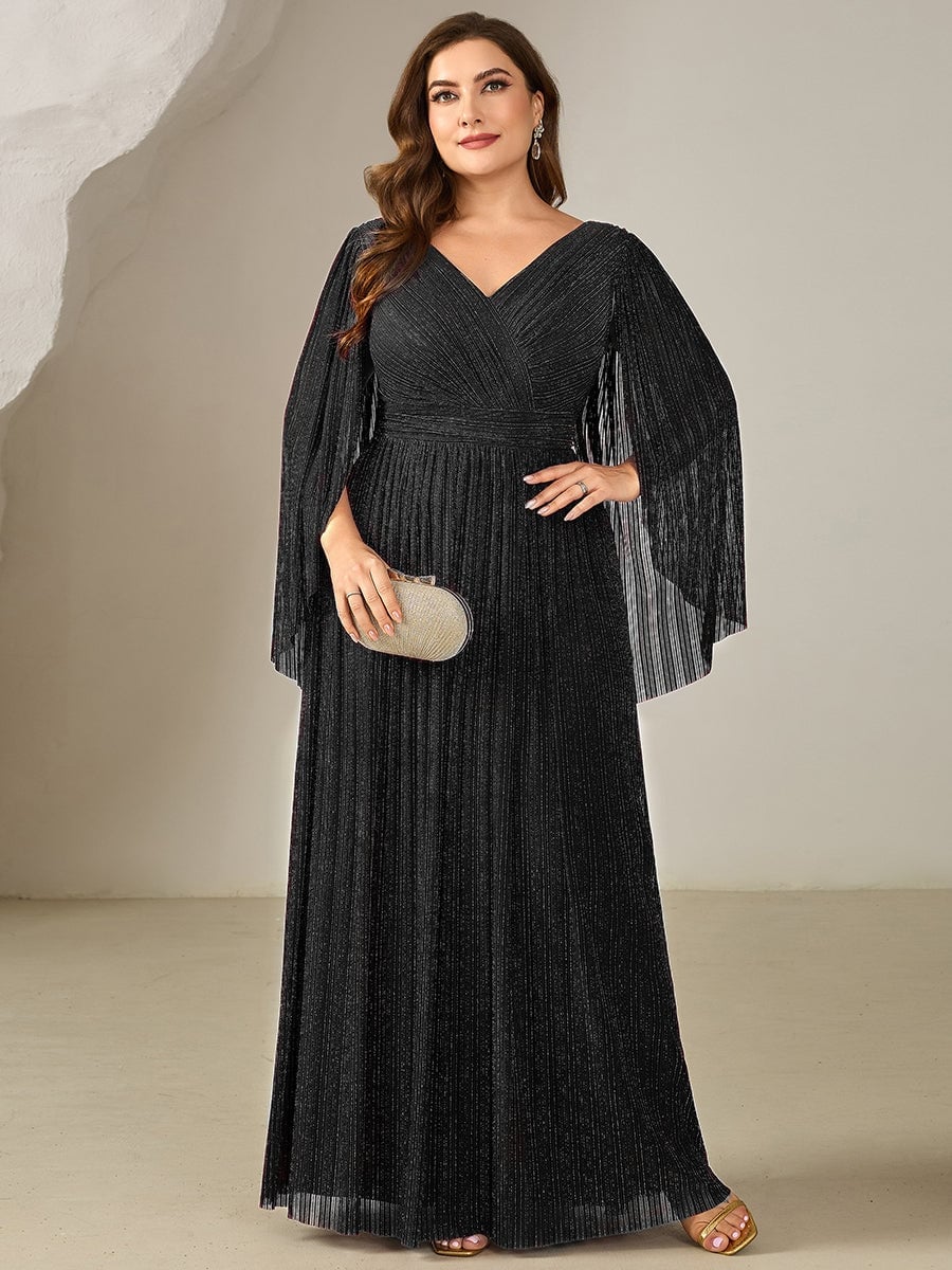 Pleated Black Dress with Cape Sleeves and High Slit — Classy Black Tie Dresses