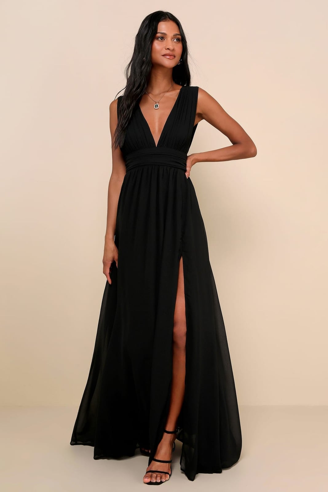 Black Jersey and Chiffon V-Neck Dress with High Slit — Classy Black Tie Dresses