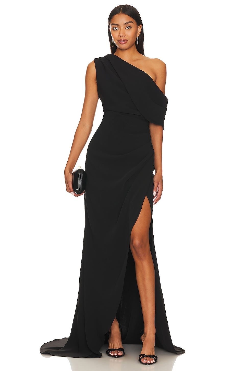 One-shoulder Crepe Dress with Draped Detail and High Slit — Classy Black Tie Dresses
