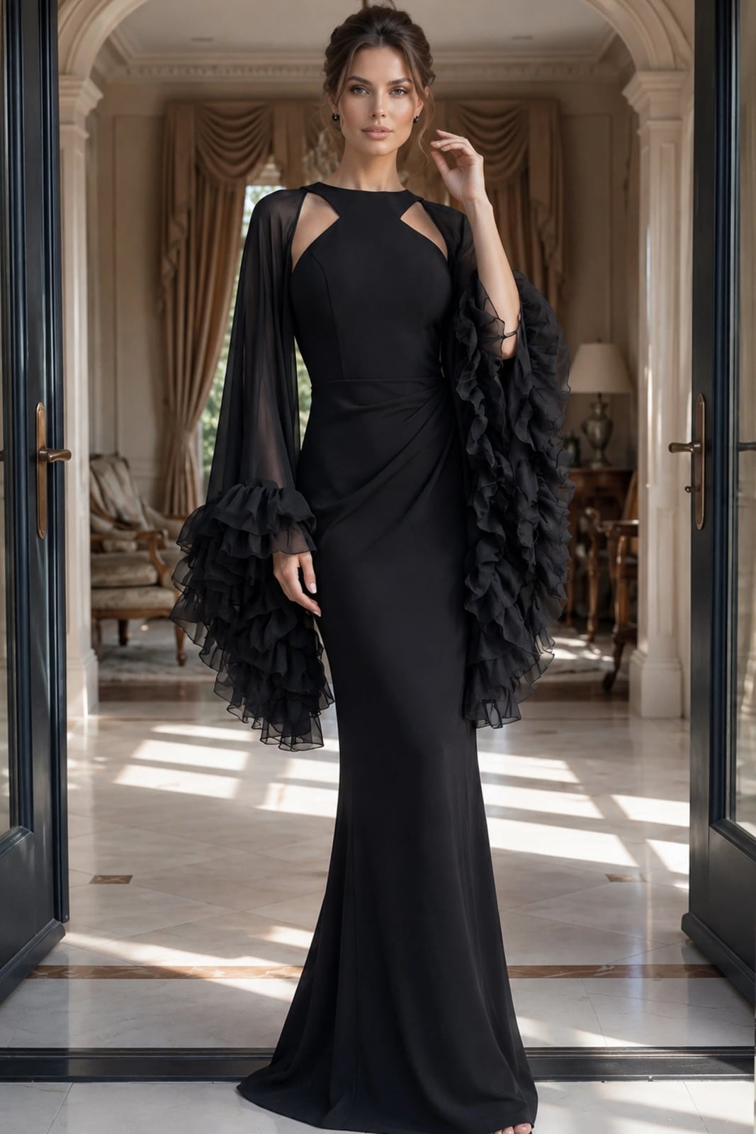 Black Jersey Dress with Chiffon Sleeves and Cutouts — Classy Black Tie Dresses