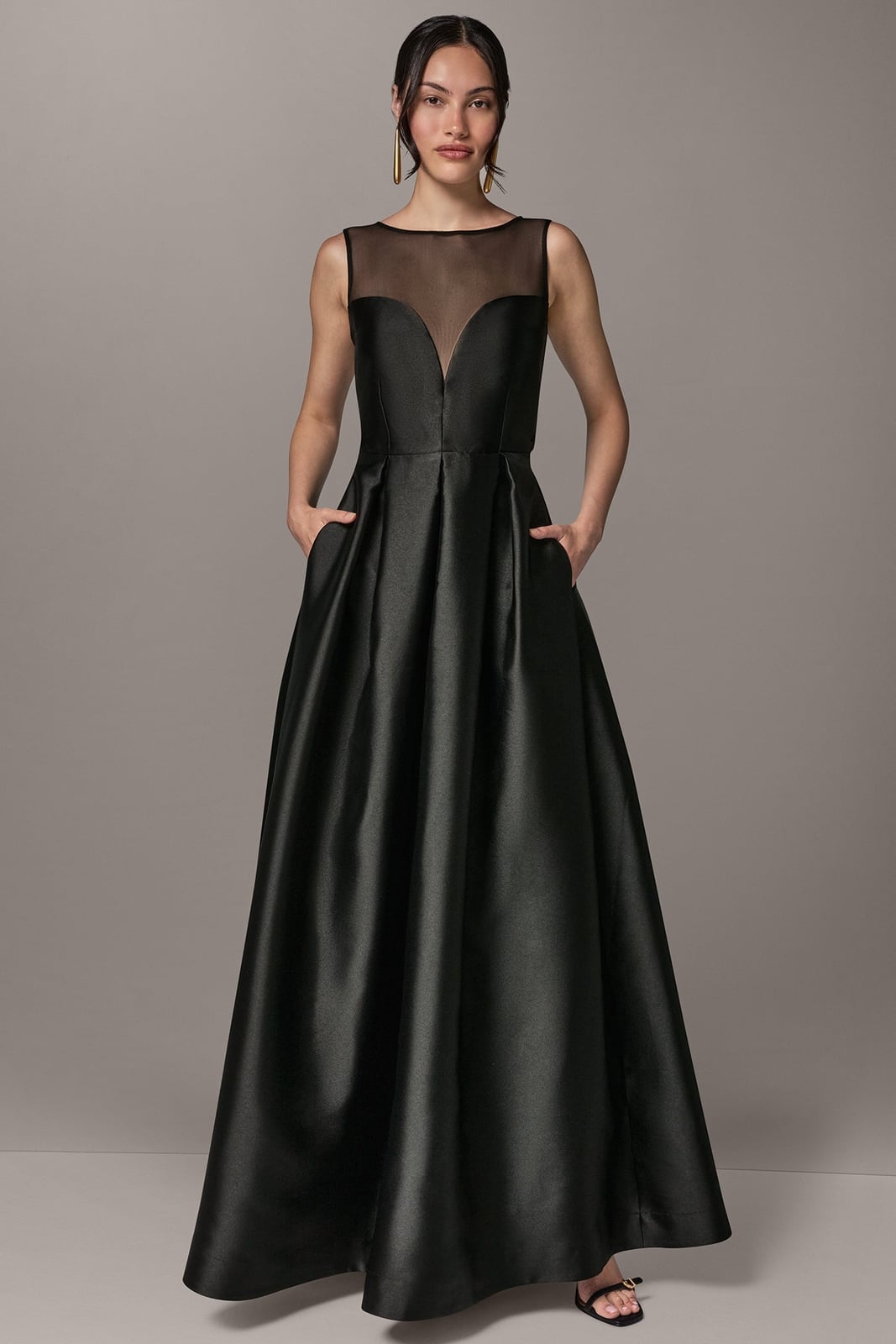 Satin Dress with Sheer Neckline Overlay and Pockets — Classy Black Tie Dresses