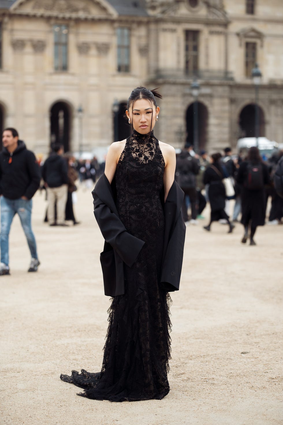 Black Lace Halter Neck Dress with Crepe Blazer — Classy Black Tie Dresses