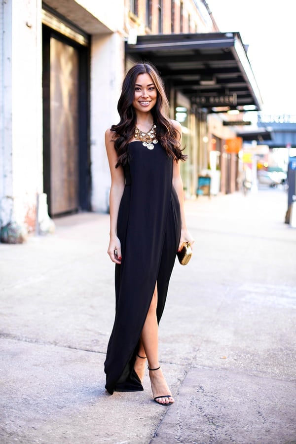Black Maxi Dress with High Slit and Statement Necklace — Classy Black Tie Dresses