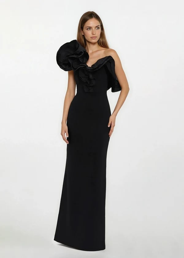 One-shoulder Gown with Large Ruffle Detail and Column Silhouette — Classy Black Tie Dresses