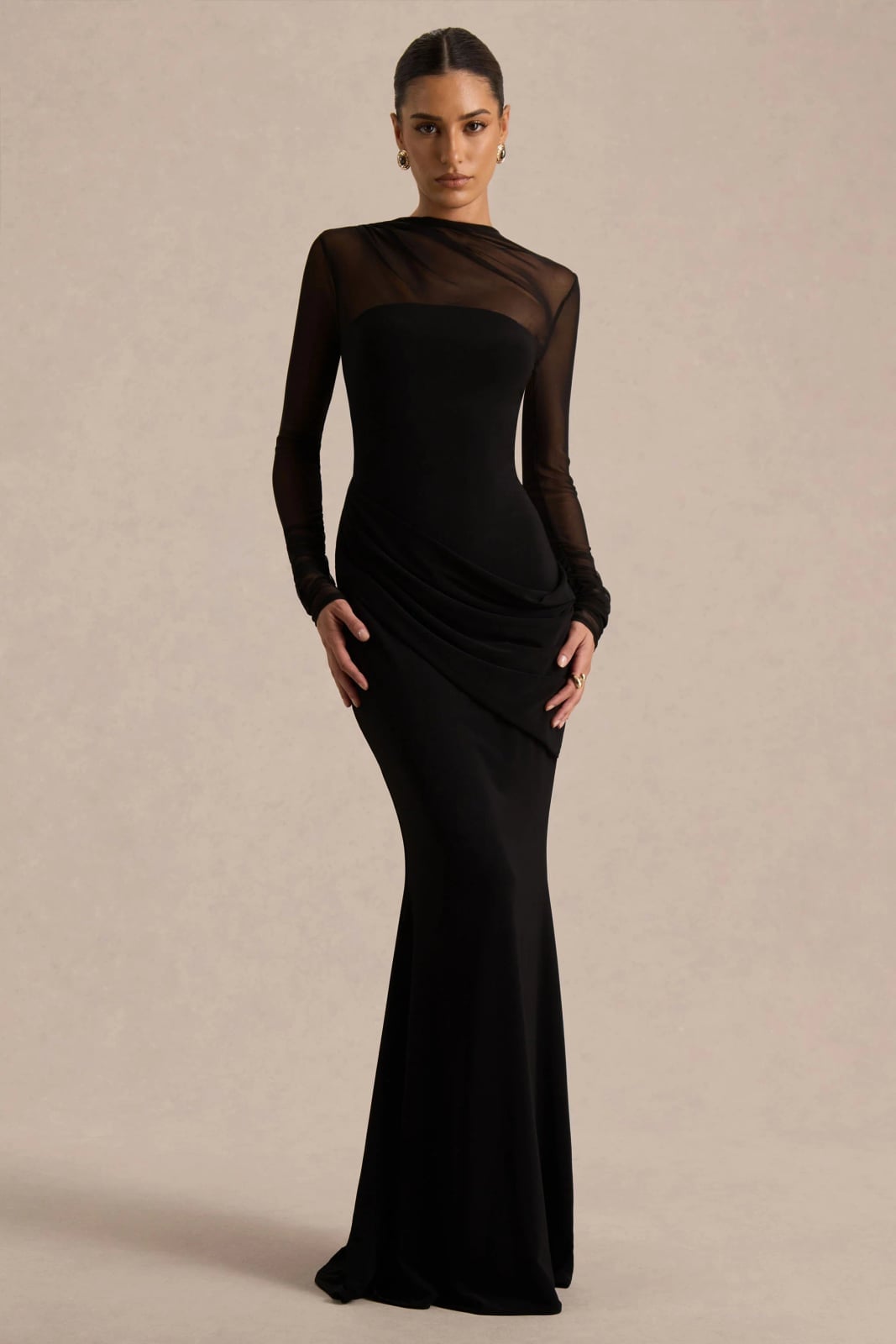 Fitted Dress with Mesh Neckline and Draped Skirt — Classy Black Tie Dresses