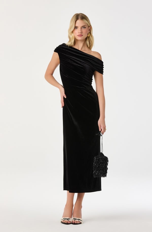 Black Velvet Column Dress with Off-The-Shoulder Neckline — Classy Black Tie Dresses