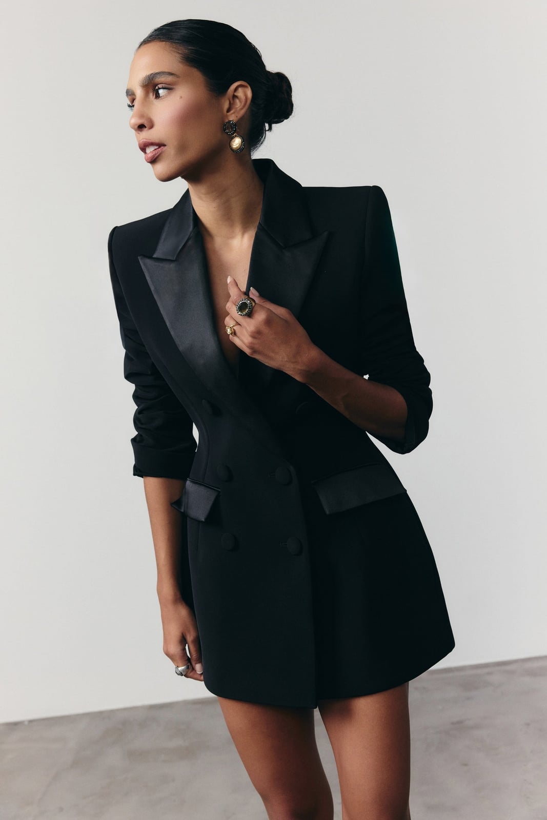 Black Tuxedo Dress With Satin Lapels, Fitted Black Tuxedo Dress With Satin Lapels, Fitted — Classy Black Tie Outfits