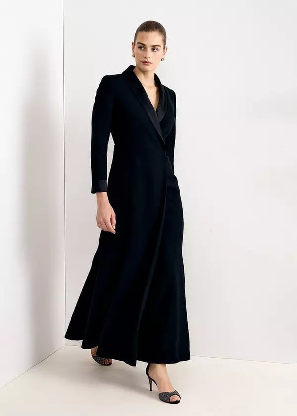 Black Velvet Maxi Dress With Satin Lapels Black Velvet Maxi Dress With Satin Lapels — Classy Black Tie Outfits