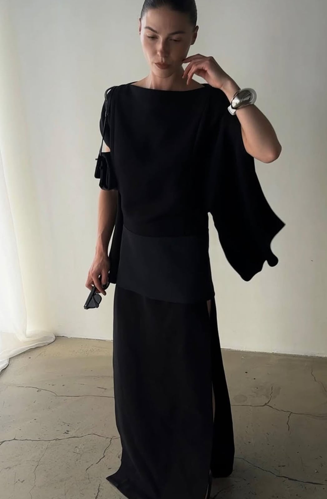 Asymmetrical Black Top With Draped Sleeves Asymmetrical Black Top With Draped Sleeves — Classy Black Tie Outfits