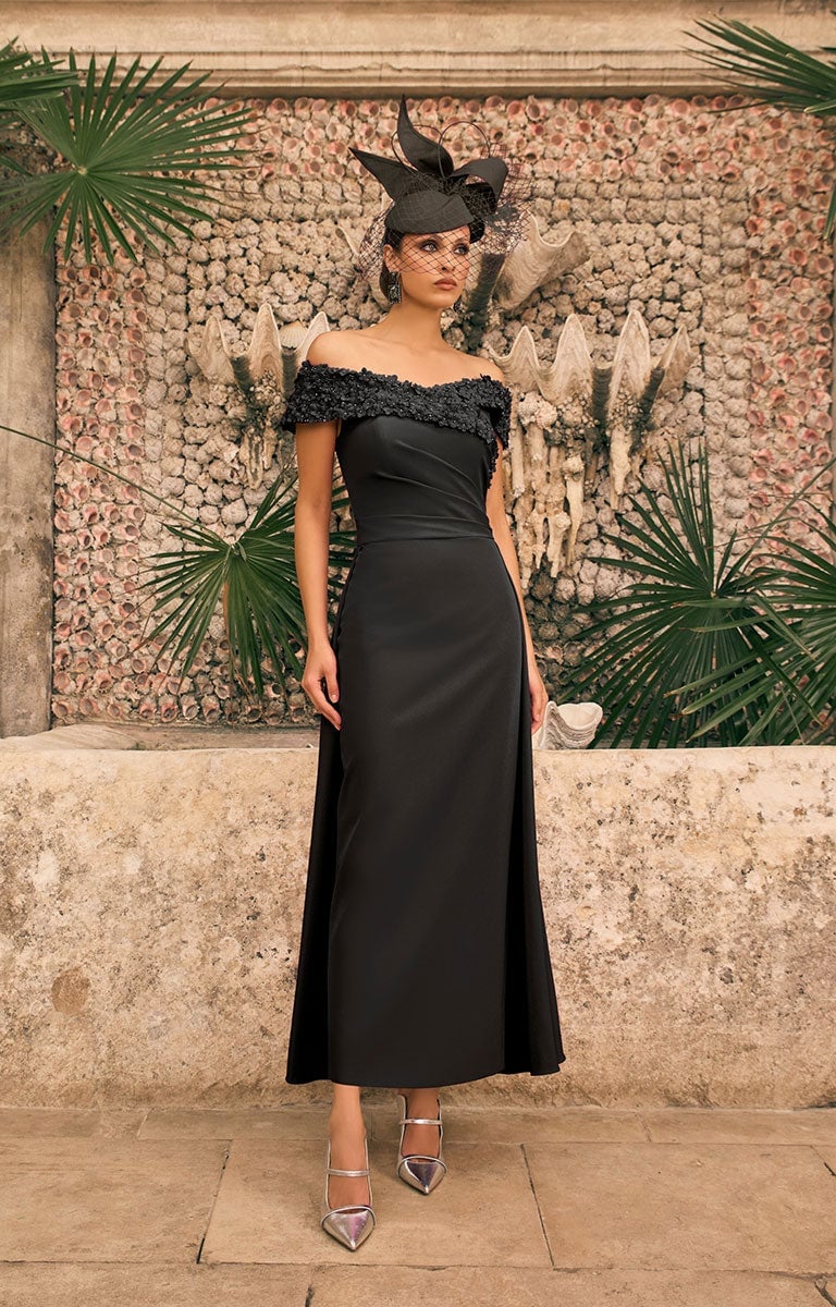 Off-The-Shoulder Column Dress With Fascinator Off-The-Shoulder Column Dress With Fascinator — Classy Black Tie Outfits