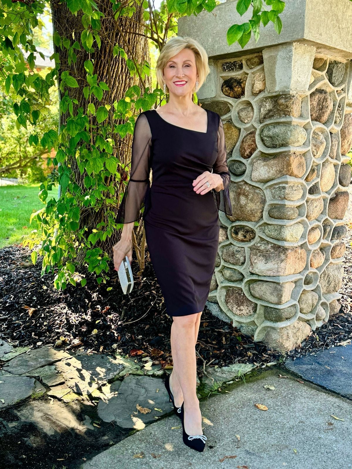Asymmetrical Neckline Dress With Sheer Sleeves Asymmetrical Neckline Dress With Sheer Sleeves — Classy Black Tie Outfits