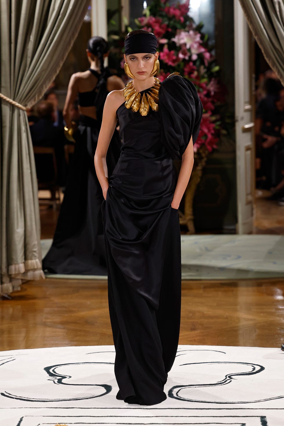 One-Shoulder Black Satin Gown With Draping One-Shoulder Black Satin Gown With Draping — Classy Black Tie Outfits