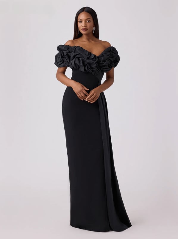 Off-The-Shoulder Gown With Ruffled Neckline Off-The-Shoulder Gown With Ruffled Neckline — Classy Black Tie Outfits