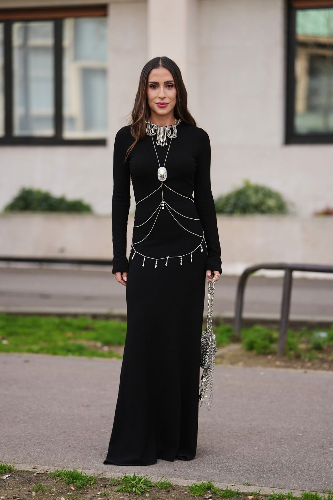 Long-Sleeved Black Jersey Dress With Body Chain Long-Sleeved Black Jersey Dress With Body Chain — Classy Black Tie Outfits