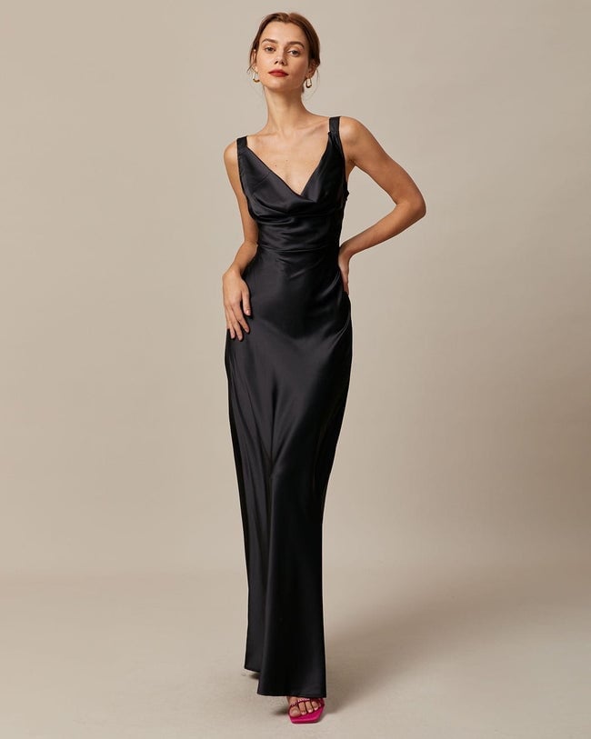 Satin Maxi Gown With Cowl Neckline Satin Maxi Gown With Cowl Neckline — Classy Black Tie Outfits