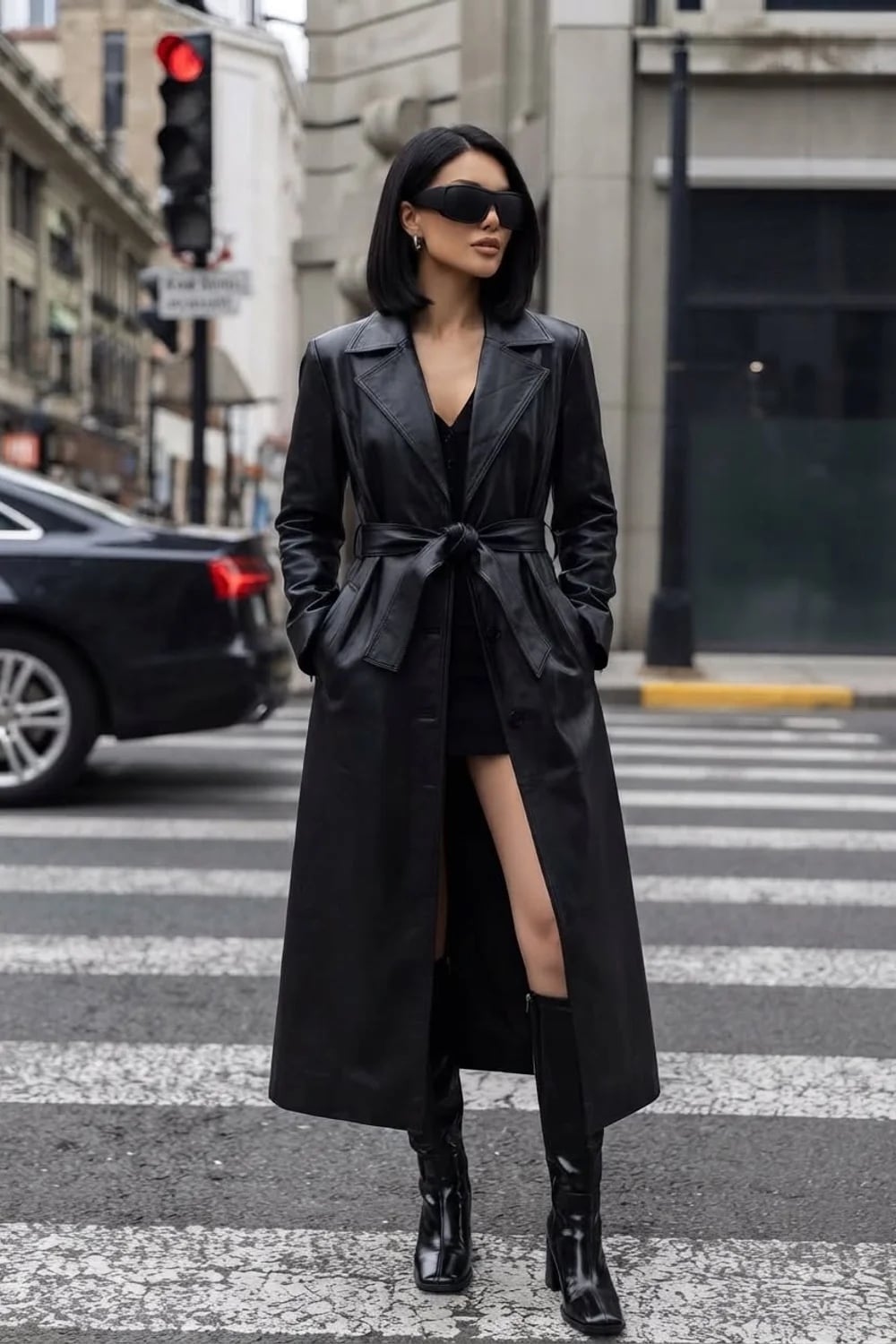 Black Leather Trench Coat With Slip Dress And Boots Black Leather Trench Coat With Slip Dress And Boots — Classy Black Trench Coat Outfit