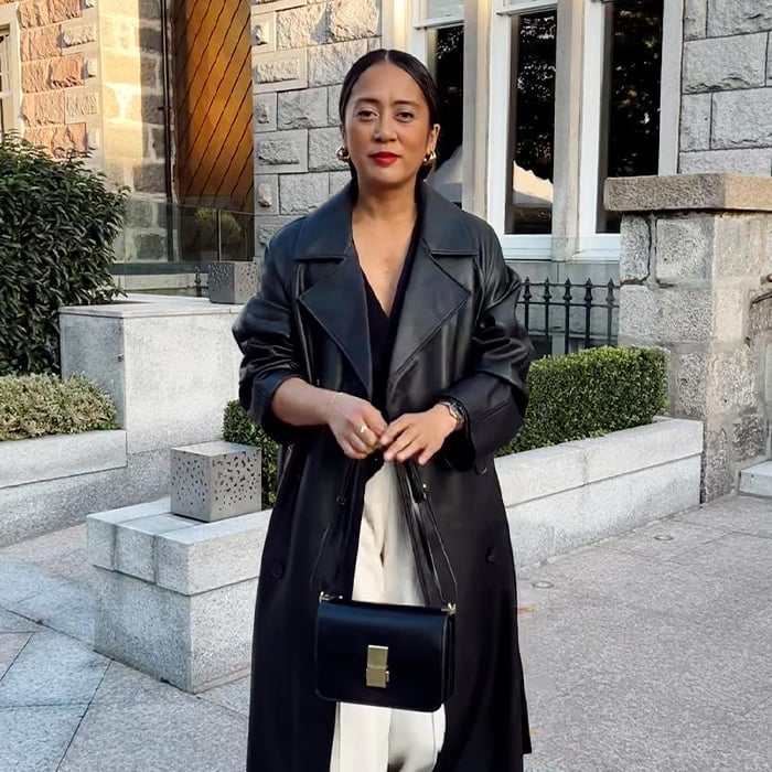 Black Faux Leather Trench Coat With Heeled Sandals Black Faux Leather Trench Coat With Heeled Sandals — Classy Black Trench Coat Outfit