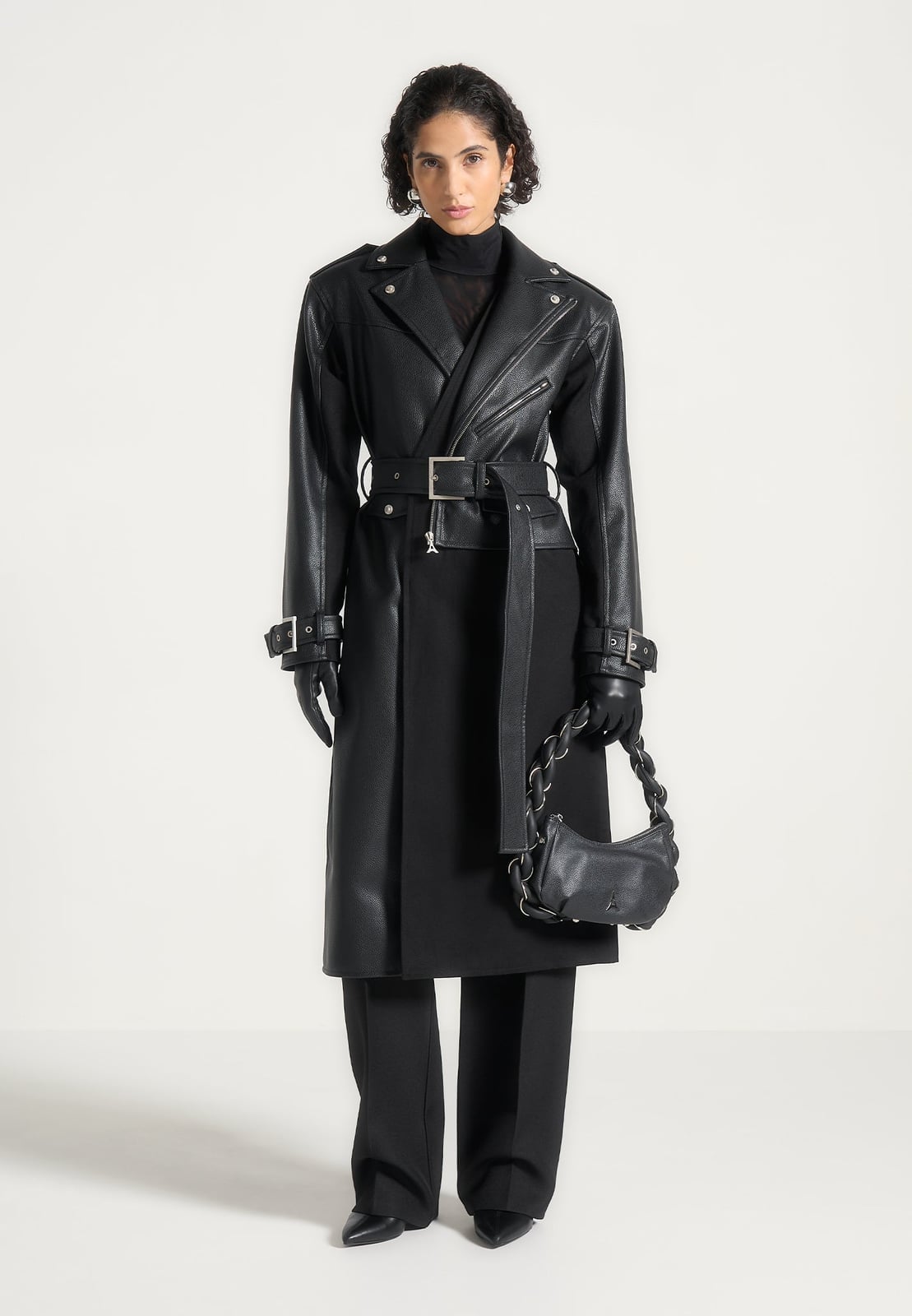 Black Leather Trench Coat With Gloves And Handbag Black Leather Trench Coat With Gloves And Handbag — Classy Black Trench Coat Outfit