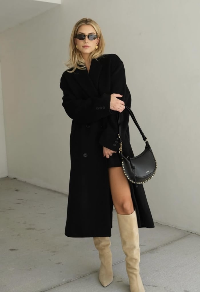 Oversized Black Trench Coat With Beige Boots Oversized Black Trench Coat With Beige Boots — Classy Black Trench Coat Outfit
