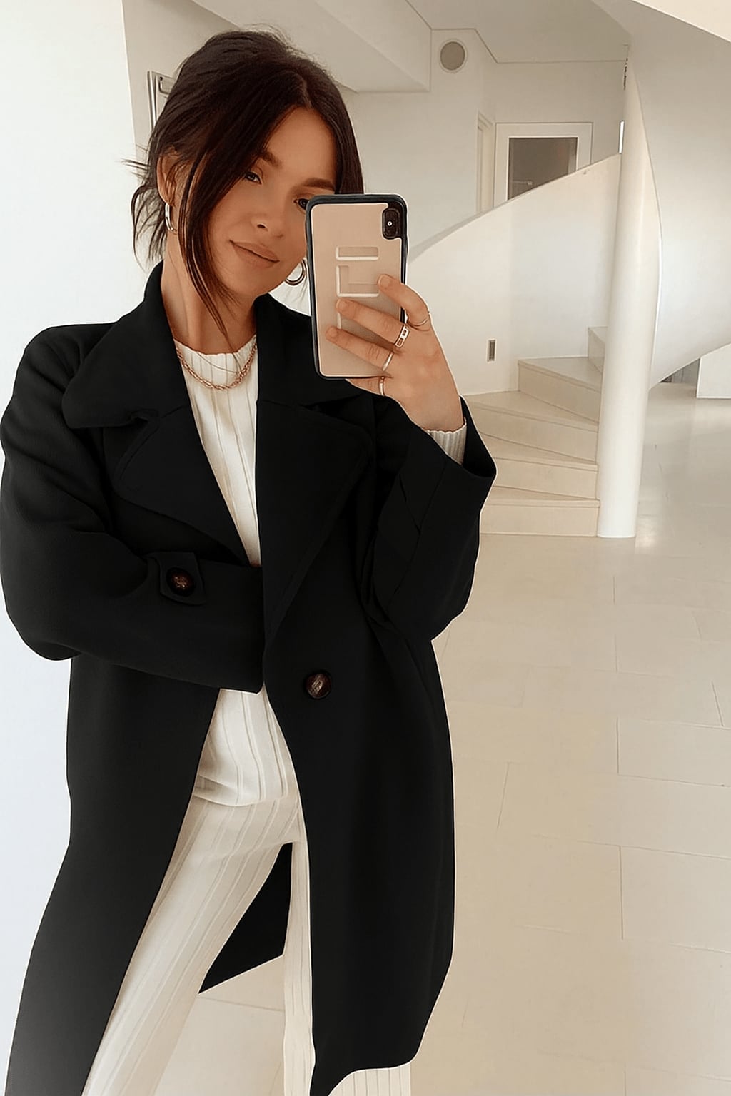 Double-Breasted Black Coat With White Top And Trousers Double-Breasted Black Coat With White Top And Trousers — Classy Black Trench Coat Outfit