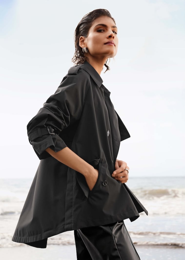 Water-Resistant Black Trench Coat With Cinched Waist Water-Resistant Black Trench Coat With Cinched Waist — Classy Black Trench Coat Outfit