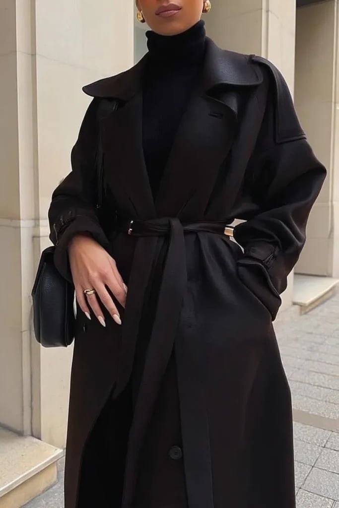 Belted Black Trench Coat With Turtleneck Detail Belted Black Trench Coat With Turtleneck Detail — Classy Black Trench Coat Outfit