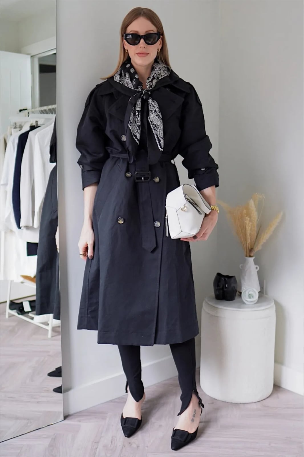 Belted Black Trench Coat With Paisley Scarf Belted Black Trench Coat With Paisley Scarf — Classy Black Trench Coat Outfit
