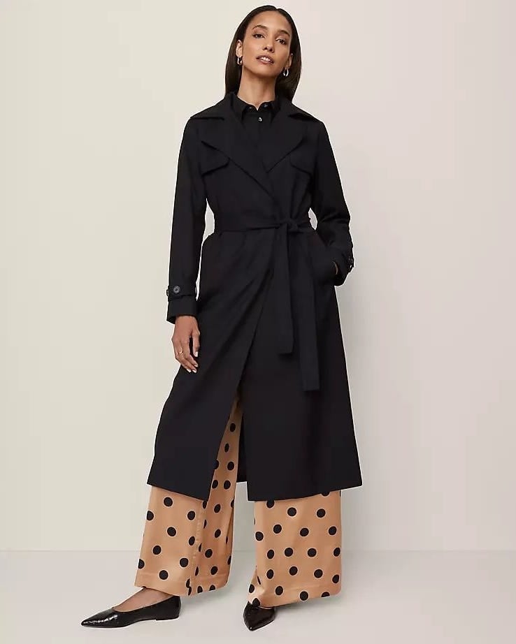 Belted Black Trench Coat With Polka Dot Trousers Belted Black Trench Coat With Polka Dot Trousers — Classy Black Trench Coat Outfit