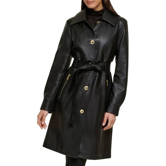 Black Leather Trench Coat With Gold Details Black Leather Trench Coat With Gold Details — Classy Black Trench Coat Outfit