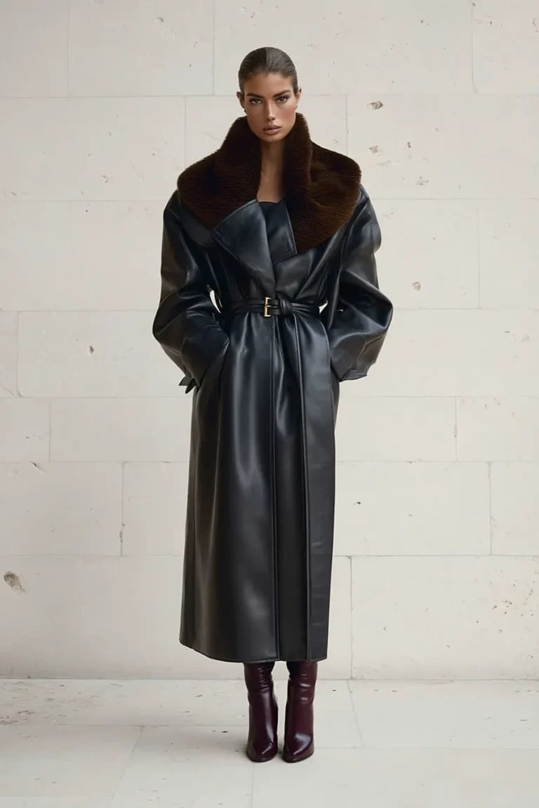 Black Leather Trench Coat With Faux Fur Collar Black Leather Trench Coat With Faux Fur Collar — Classy Black Trench Coat Outfit