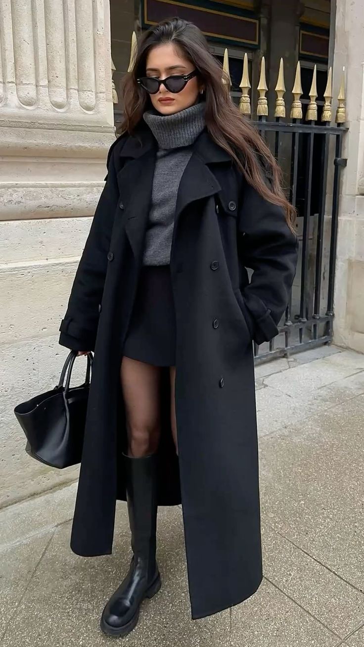 Long Black Trench Coat With Mini Skirt And Boots Long Black Trench Coat With Mini Skirt And Boots — Classy Black Trench Coat Outfit
