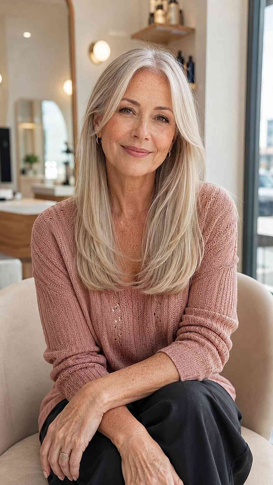 Ash Blonde Mid-Back With Curtain Bangs Ash Blonde Mid-Back With Curtain Bangs — Classy Blonde Haircuts