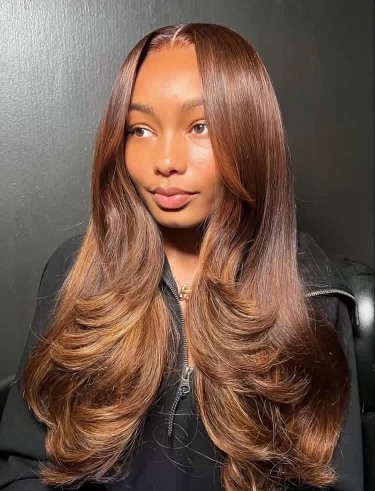 Mid-Back Layered Blowout With Caramel Highlights Mid-Back Layered Blowout With Caramel Highlights — Classy Blowout Hairstyles Black Women