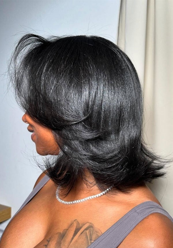Chin Length Bob With Flipped Ends And Side Bangs Chin Length Bob With Flipped Ends And Side Bangs — Classy Blowout Hairstyles Black Women
