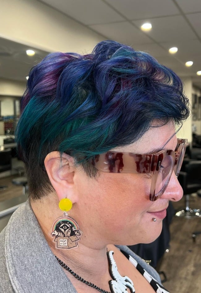 Pixie Cut With Teal and Purple Streaks — Classy Blue Highlights