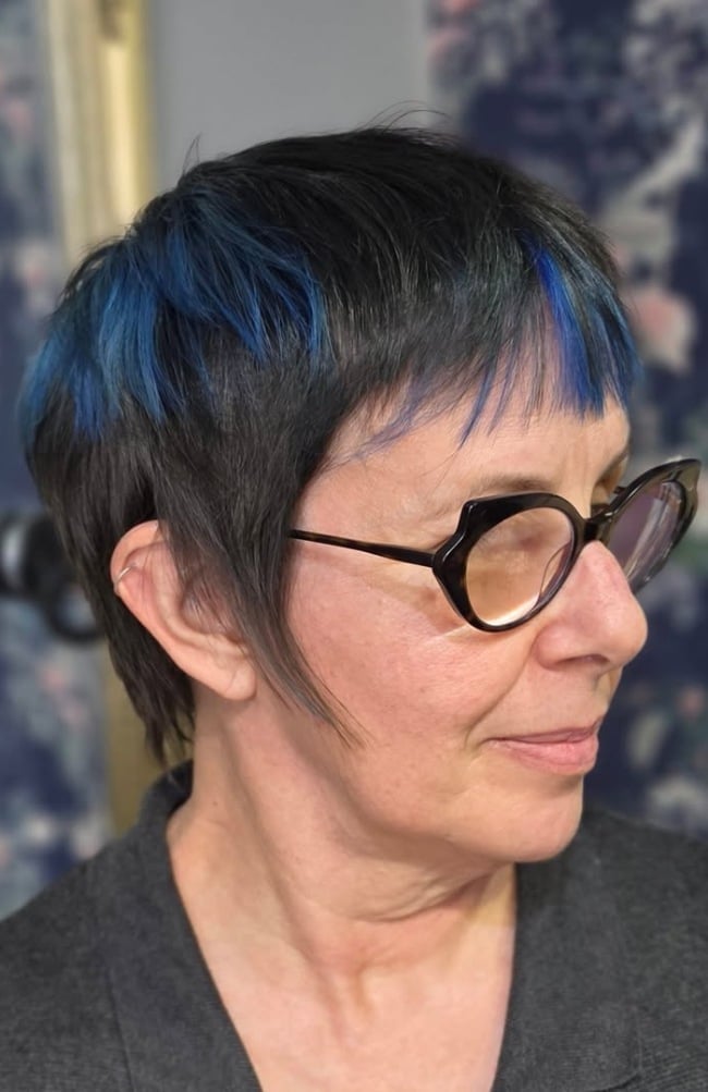 Pixie With Blue Highlights and Swept Bangs — Classy Blue Highlights
