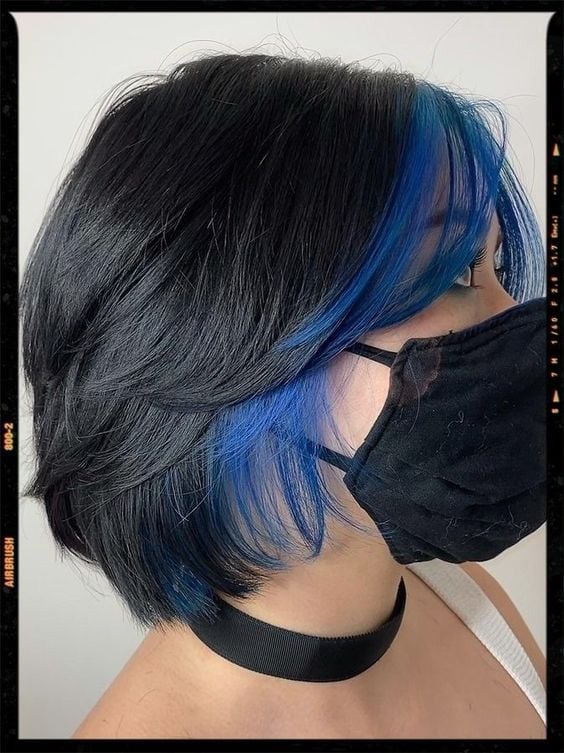 Layered Bob With Blue Highlights and Curtain Bangs — Classy Blue Highlights