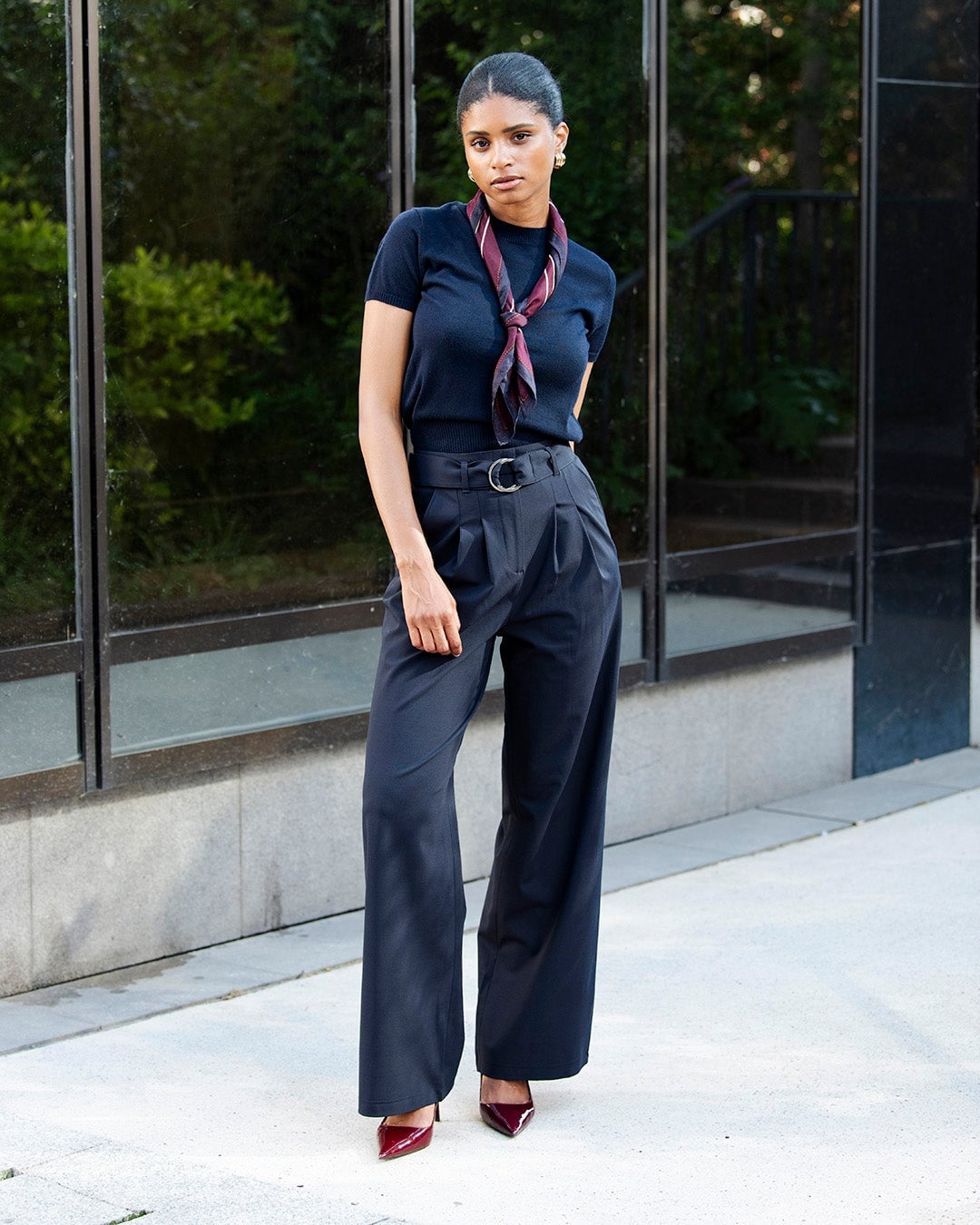 Pantalon palazzo femme large à plis bleu nuit