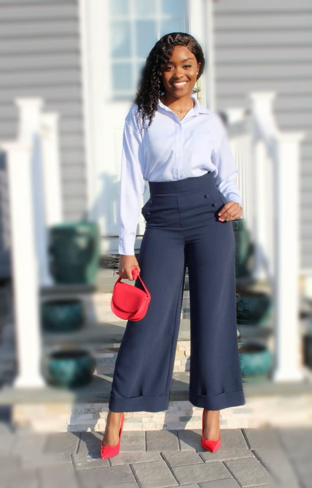 Navy Wide-Leg Trousers with a Light Blue Button-Down Shirt — Classy Blue Pants Outfits