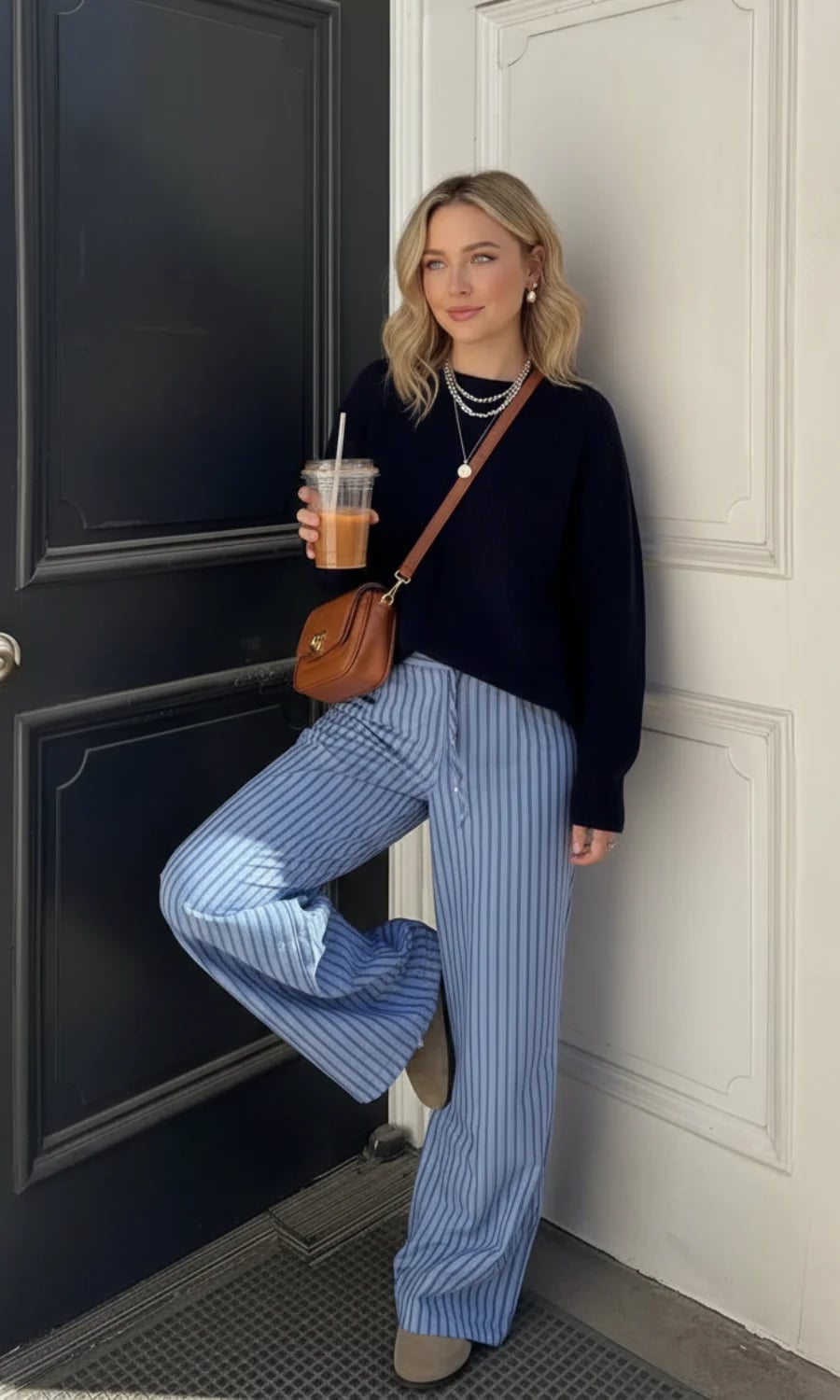 Light Blue and Navy Striped Wide-Leg Trousers with a Crew Neck Sweater — Classy Blue Pants Outfits