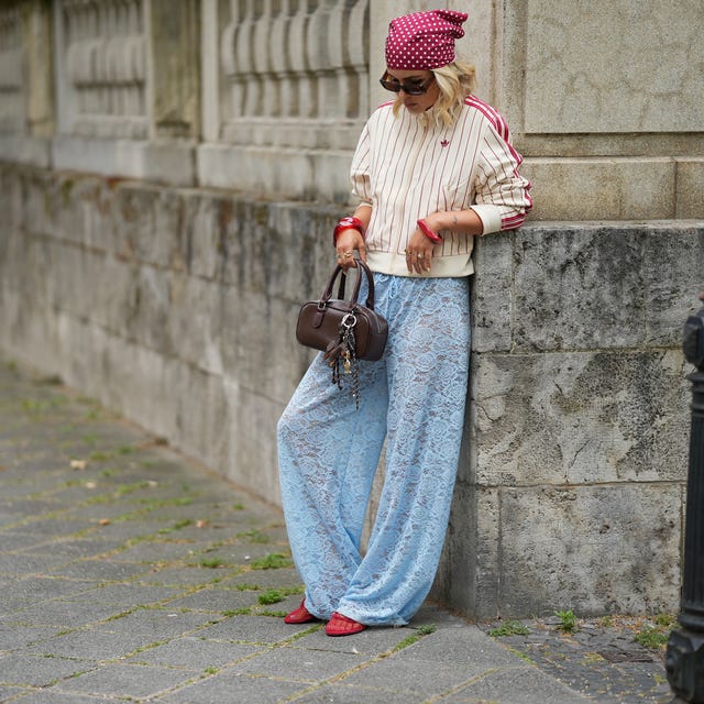 Light Blue Lace Wide-Leg Trousers with a Striped Sweatshirt — Classy Blue Pants Outfits