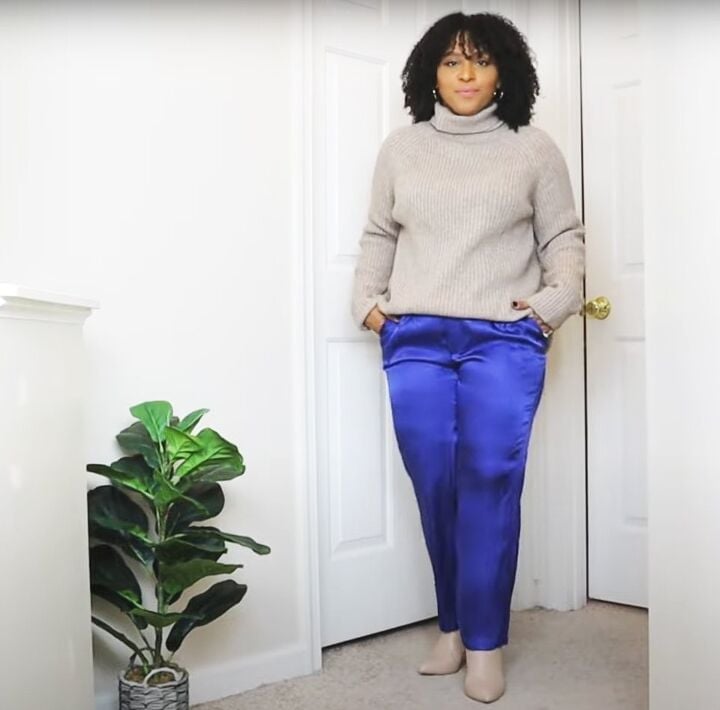 Royal Blue Satin Straight-Leg Trousers with a Beige Turtleneck — Classy Blue Pants Outfits
